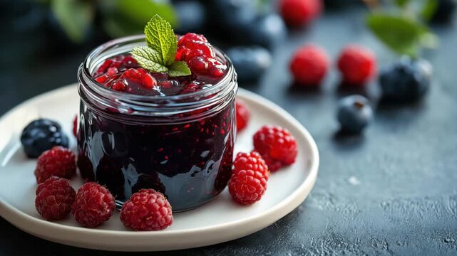 Jar of thick berry jam topped with fresh raspberries and mint leaves. Surrounded by blueberries and raspberries. Natural homemade sweet dessert.