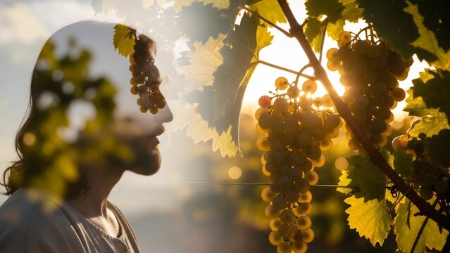 The profile of Jesus in an artistic double exposure with sunlit grapes on a vine. Symbolic image for religious teaching and spiritual contemplation.