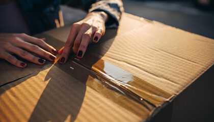 Skilled artisan hands precisely applying protective label onto corrugated cardboard package in warm workshop lighting