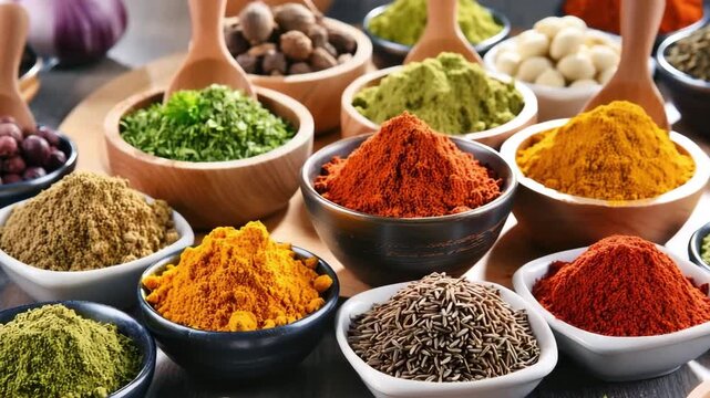 Collection of vibrant spices and herbs in ceramic and wooden bowls, including turmeric, paprika, cumin, parsley and more. Culinary ingredients for seasoning food.