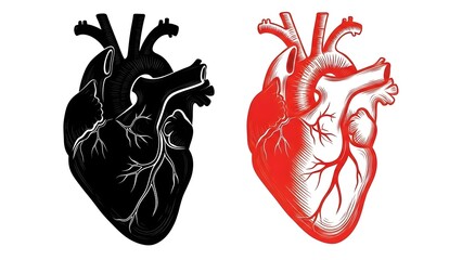 Anatomical illustrations of human hearts in black and red