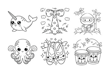 Cute Kawaii Doodles Collection Featuring Narwhal, Octopus, Ballet Shoes, And Drums © Sanot