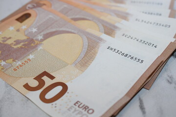 Fifty Euro Banknote, Close-Up of European Currency, Financial Concept