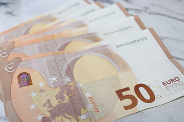 Fifty Euro Banknote, Close-Up of European Currency, Financial Concept