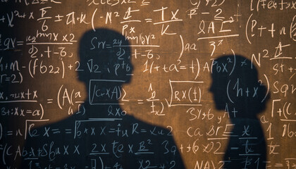 Silhouetted figures contemplating complex mathematical equations and formulas on illuminated academic chalkboard