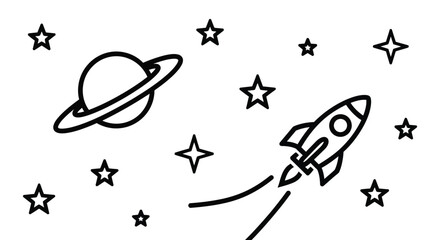 Whimsical rocket ship travels through starry galaxy past a ringed planet.