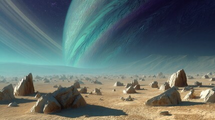A barren, rocky landscape on an alien planet, dominated by a large gas giant with vibrant bands and rings, under a cosmic sky