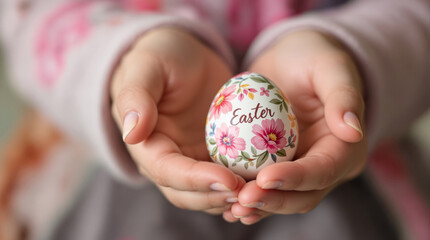 Delicate hands cradling beautifully decorated Easter egg with pink floral patterns and elegant script lettering