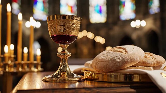 Golden chalice with red wine and fresh bread on a wooden table for christian eucharist sacrament in a church