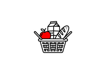 Vector Minimalist black outline shopping basket icon with vibrant red apple, milk carton, and baguette.