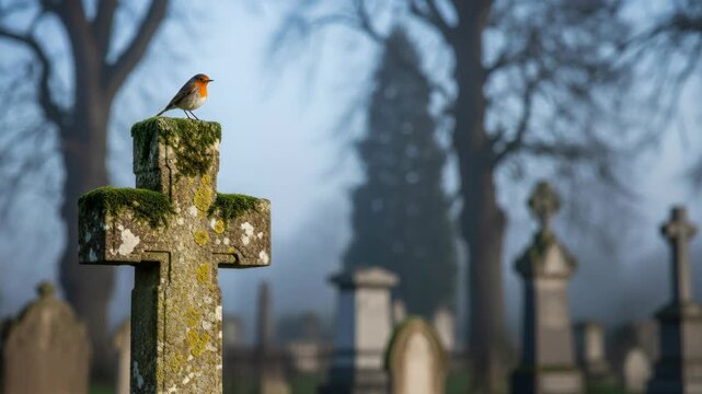 Peaceful robin perched on mossy gravestone in misty cemetery at dawn