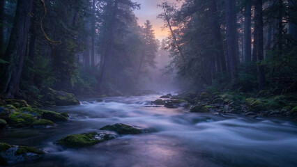 Long exposure of river flowing through misty forest at twilight