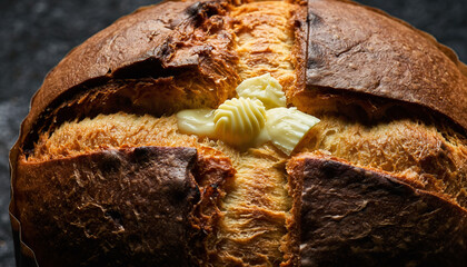 Artisan bread loaf with traditional cross scarpatura cut revealing golden interior and melting butter