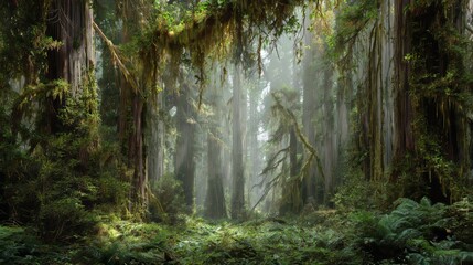 A dense, verdant forest with towering trees, dappled sunlight, and a misty atmosphere, evoking tranquility