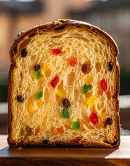 Artisanal panettone slice revealing golden brioche crumb studded with vibrant candied fruits and raisins
