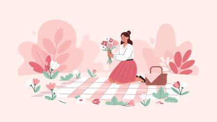 Woman Arranging Flowers During A Charming Picnic In A Stylized Pink Landscape