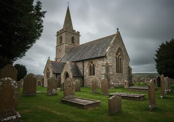 Historic stone church and ancient churchyard with numerous weathered gravestones, offering a solemn, peaceful, and reflective atmosphere ,historic ,grave ,cross