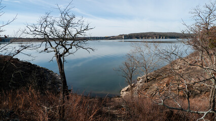 Tenkiller State Park, Oklahoma, Tenkiller Lake and Dam, view of the large lake in winter with the dam on the distant shore.
