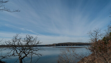 Tenkiller State Park, Oklahoma, the large lake is popular for recreation. The dam  is visible on the distant shore.