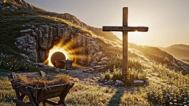 Symbolism of birth to resurrection with an empty tomb, manger, and cross under a dramatic sky