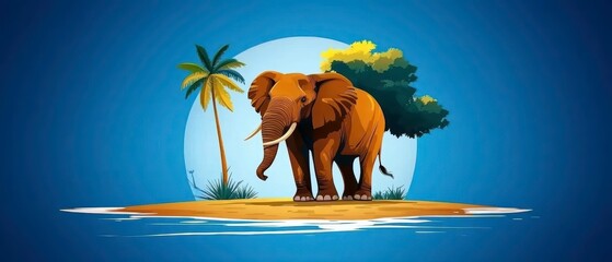 Stylized Elephant Illustration on Tropical Island with Palm Tree