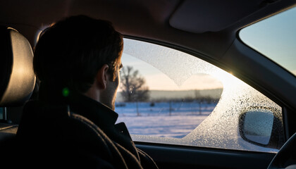 Contemplative Driver Gazing Through Frost Covered Vehicle Window During Peaceful Winter Morning