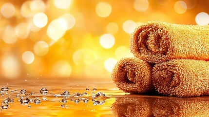 Golden Spa Towels with Refreshing Water Drops and Warm Bokeh Background