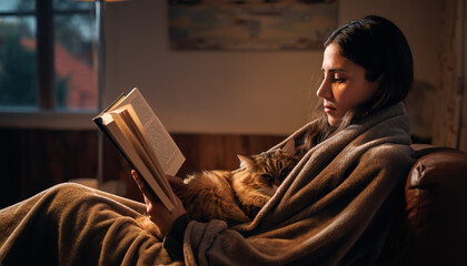 Cozy evening reading session with woman enjoying book wrapped in soft blanket alongside orange tabby cat