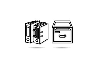 Vector Minimalist black outline office binders and file box icon for document storage.
