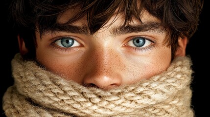 Intense Portrait of Young Man with Captivating Blue Eyes and Warm Winter Scarf