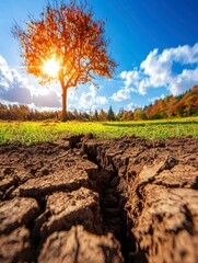 Climate Change and Drought Concept: Cracked Earth with Autumn Tree and Bright Sun
