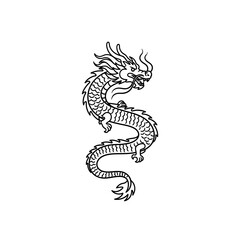 Fototapeta premium A black and white illustration of a dragon curled up on a white background viewed from the side