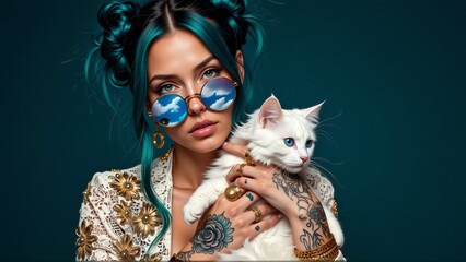 portrait young woman blue hair styled messy bun she wearing white blouse gold embroidery has multiple tattoos her arms woman holding white cat her arms looking directly camera serious expression cat
