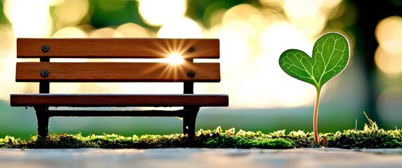 Nature's Embrace: Heart Leaf Sprout by Park Bench in Golden Sunlight