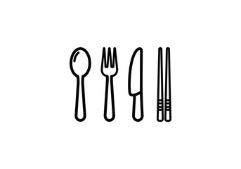 Vector fork and knife Minimalist Black Outline of Spoon, Fork, Knife, and Chopsticks on White Background.