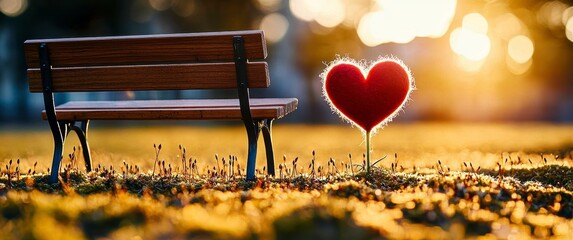 Golden Hour Park Bench with Glowing Red Heart Symbol