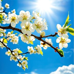 Vibrant Spring Cherry Blossoms Blooming Under Bright Sunny Blue Sky