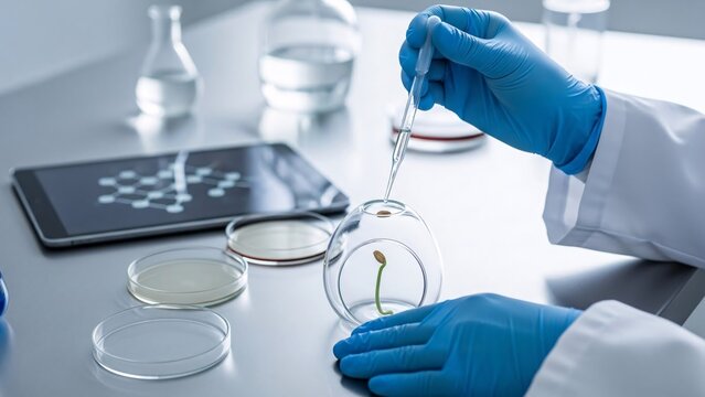 Scientific Precision: A lab technician meticulously conducts a scientific experiment in a modern laboratory, using a pipette to administer a solution to a delicate plant specimen. - Powered by Adobe
