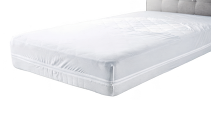 Encased mattress displayed on a white background with a dust mite filter cover emphasizing allergy prevention in bedroom settings clean and minimalistic medical concept.