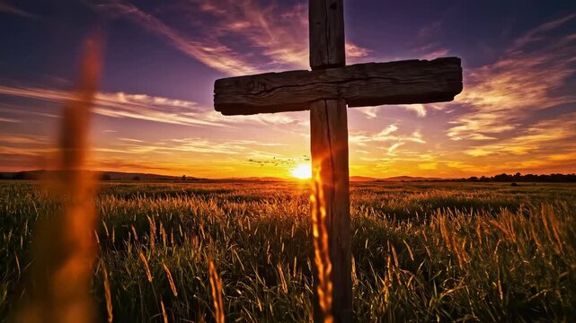 Wooden cross in a field at sunset for religious faith and hope. Spiritual outdoor scene for Easter and remembrance.