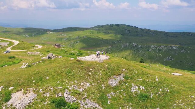 Hilly rural landscape with ruins near Bosanska Krupa, Bosnia and Herzegovina, 2019