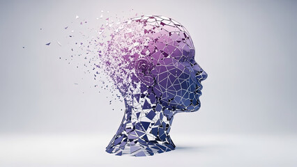 Abstract digital human head profile dissolving into geometric triangular polygons representing artificial intelligence memory loss data corruption mind evolution neuroscience technology concept