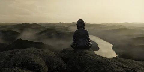 Fototapete Buddha 3D Rendering of back of buddha statue in front of foggy mountain landscape  © Brilliant Eye