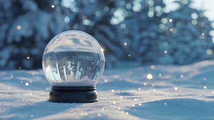 A magical snow globe sits in a snowy landscape with bokeh lights