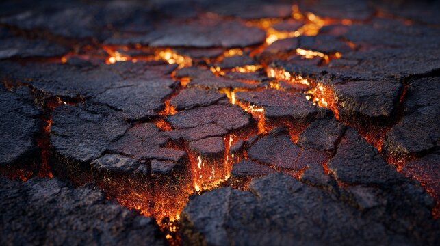 Close-up of cracked, dark rock revealing molten, fiery orange lava beneath. Rough texture, dynamic light creates depth and heat