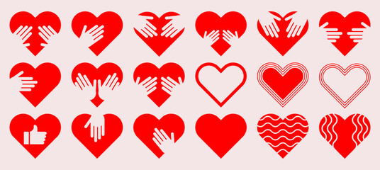 Red hearts icons set with hands for care love romantic valentine wedding cards design