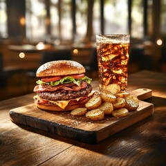 Gourmet Bacon Cheeseburger Meal with Roasted Potatoes and Cold Cola Drink on Rustic Wooden Board