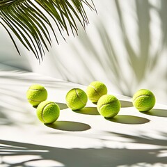 Vibrant Tennis Balls with Tropical Palm Shadows on White Surface