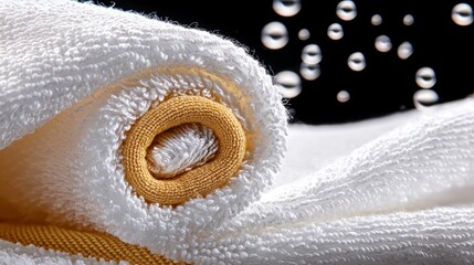 Fresh Rolled White and Yellow Towel with Water Drops Macro Texture