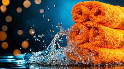Refreshing Orange Spa Towels and Dynamic Water Splash with Bokeh Background